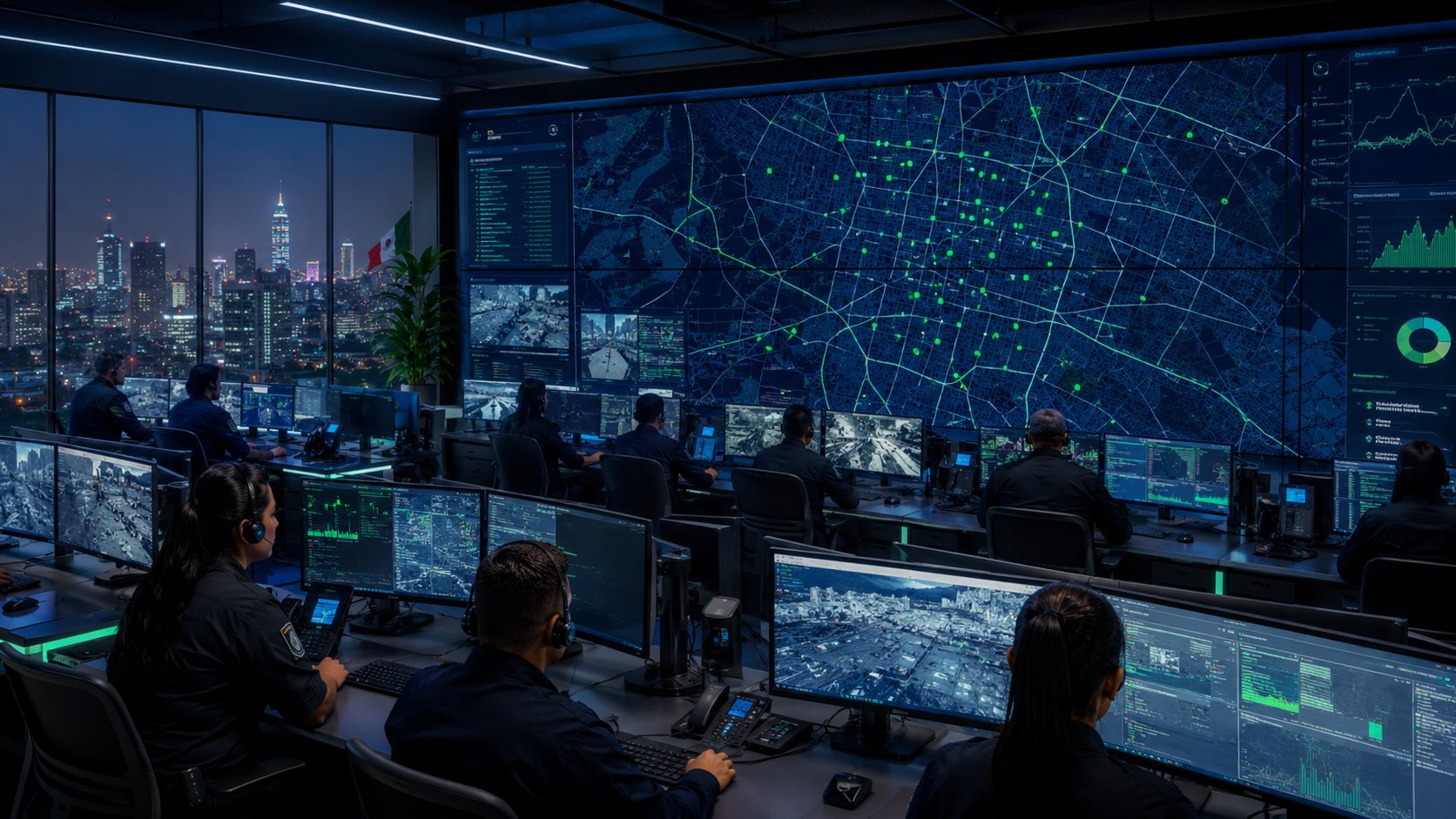 Centro de control PalmGuard con mapa operativo, operadores y actividad de seguridad
